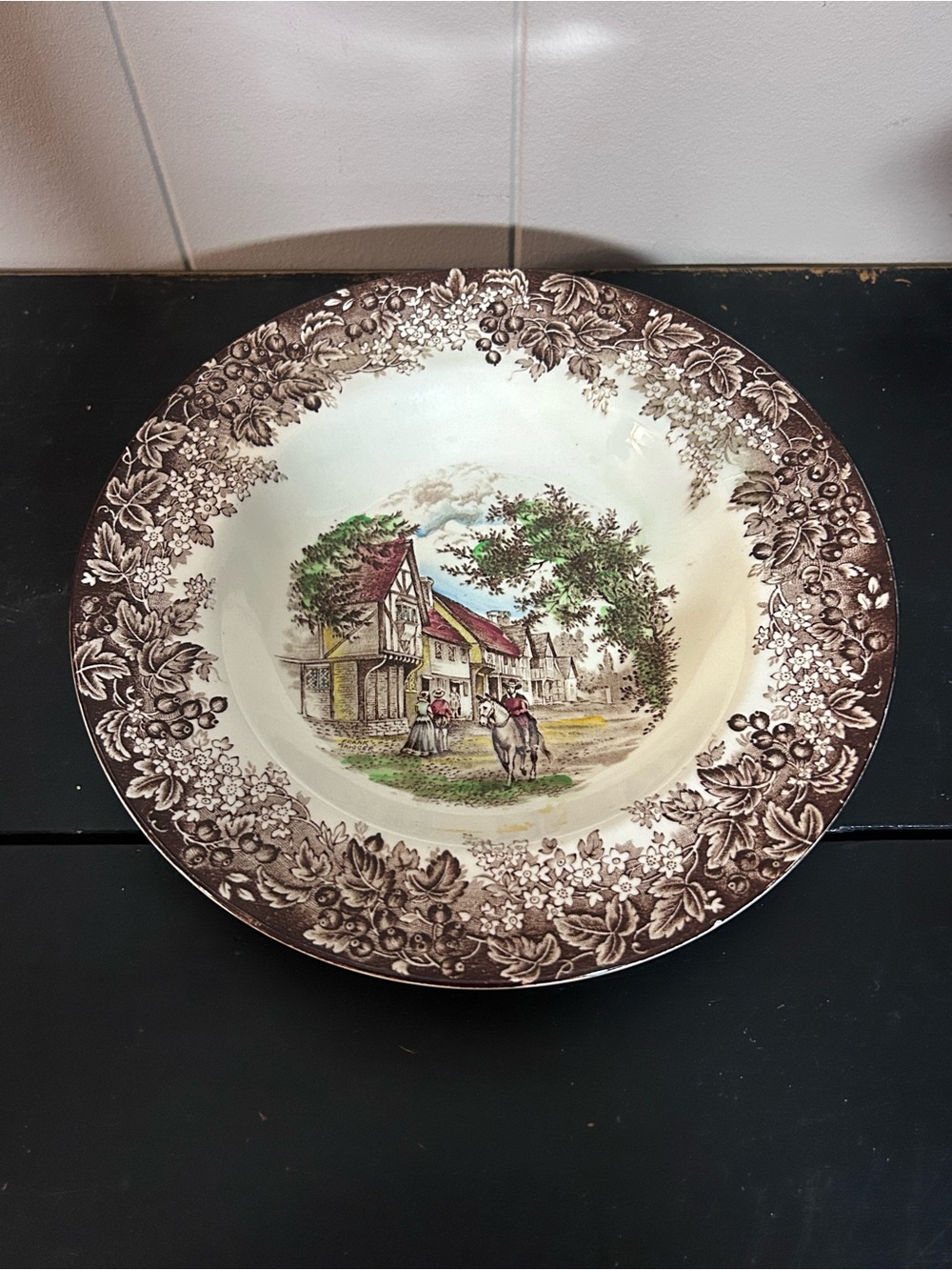 Vintage Style Brown Floral Cottage Scene Serving Bowl